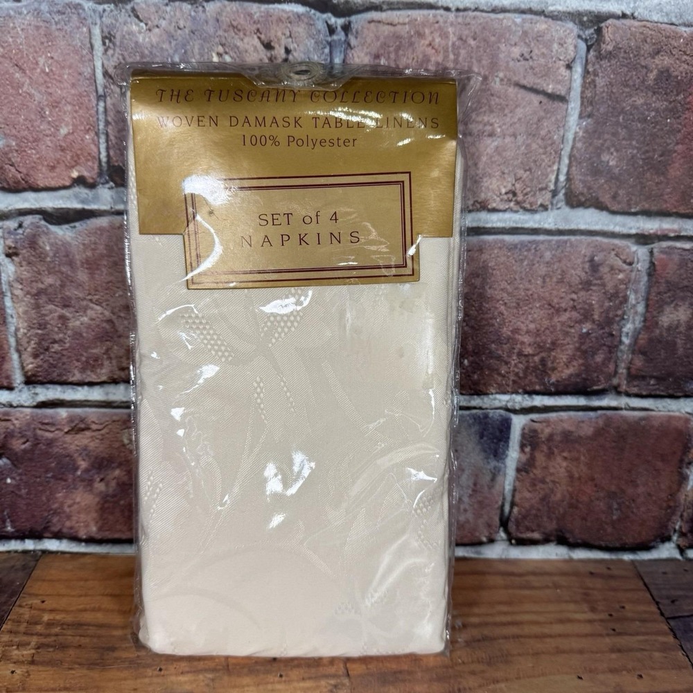 Set Of 4 Vintage Ivory Woven‎ Damask Napkins Tuscany Collection New in Package